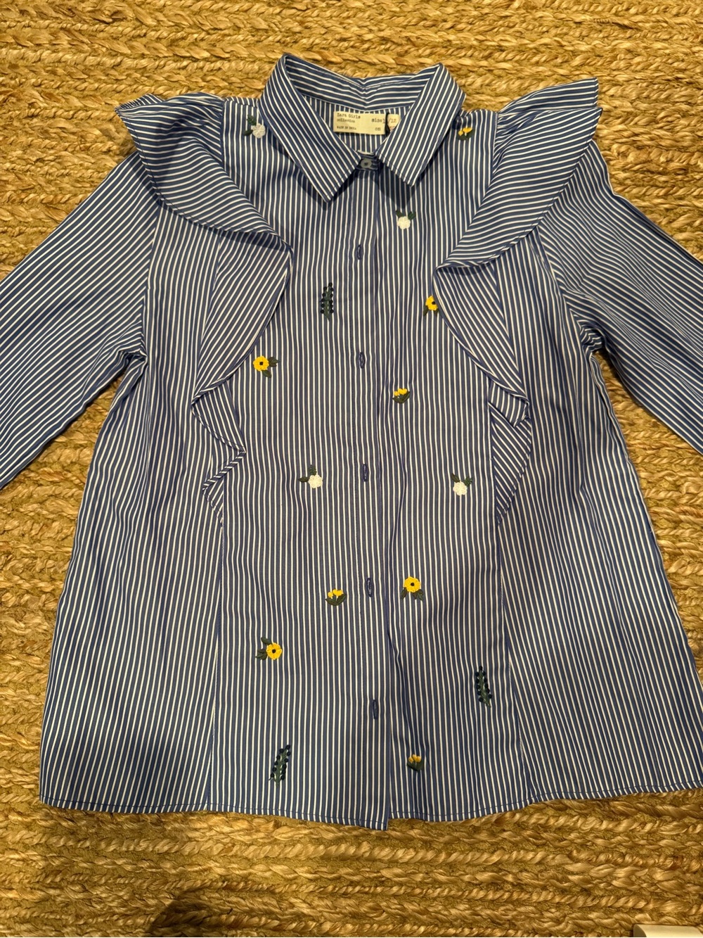 Girls' Blue Stripe Ruffle Button-Up Shirt with Floral Embroidery